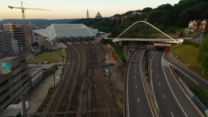 Aerial view of railway station, nearby catcholic church in Liege, Belgium