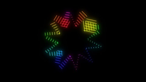 4K Disco Digital flashy neon glow color moving star. Seamless background motion screen. Looped abstract animation in transparent background to suit all your projects.