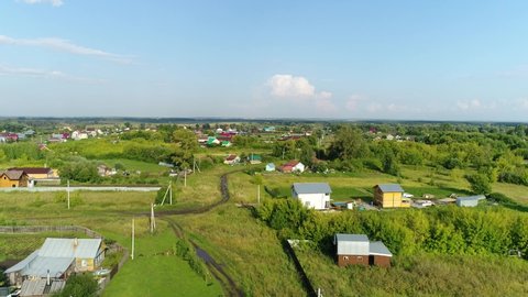 Flying over a Russian Village by the River. Tatarstan, "Karaduli". Air View.

