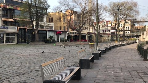  Istanbul, Turkey - April 19, 2020: Turkish government announced a two-day curfew to prevent the spread of the epidemic COVID-19 caused by the novel coronavirus. Ortakoy mosque and Ortakoy square