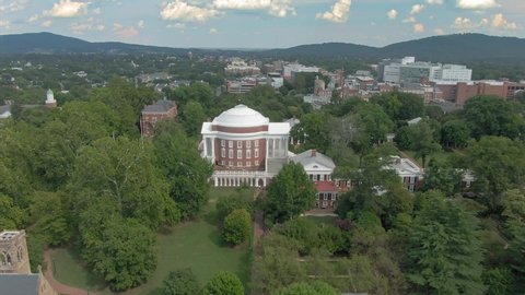 Aerial flying over the University of Virginia. It was founded by Thomas Jefferson in 1819. Charlottesville, Virginia, USA. 18 August 2019 