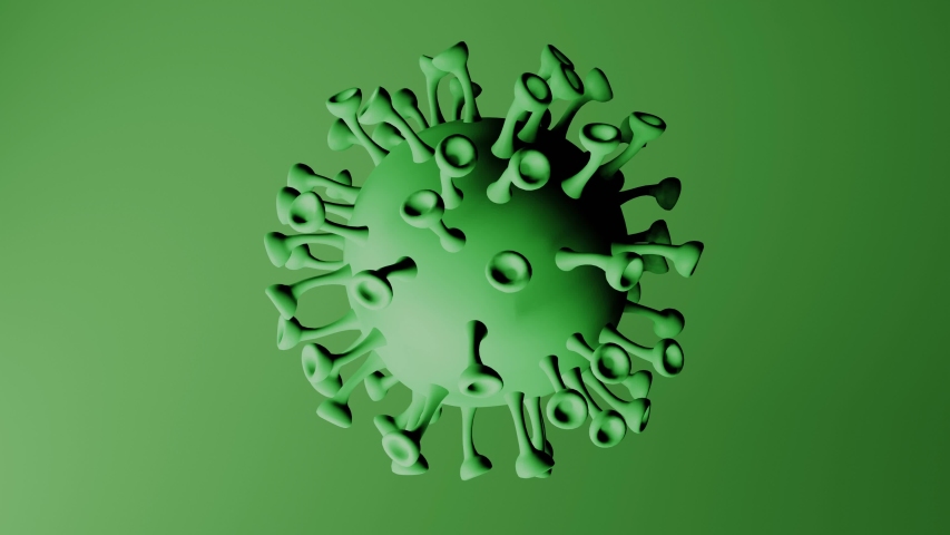 3D rendering of a moving coronavirus particle colored green. Loop it to make it turn smoothly forever.