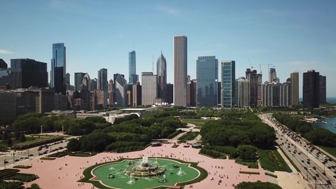 Chicago USA, Aerial View of Downtown Skyscrapers. Grant Park, Buckingham Fountain and Traffic on South Lake Drive