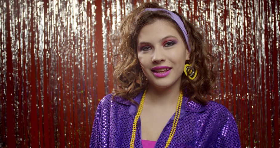 Cute posing young woman with surprised expression, 80s party style, 4k