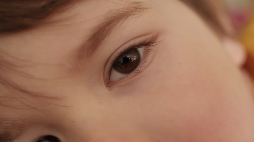 Eye of Child Looking at Camera Close Up. Portrait Closeup of Little Cute Child Face. Opening and Closing Eyes Little Boy. Close Up Motion of Children Eyes. Kid Face Looking at Camera. | Shutterstock HD Video #1050935797