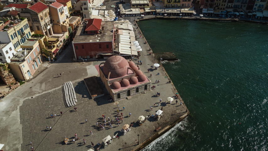 Establishing Aerial View Shot of Chania Kucuk Hasan Mosque Crete Greece