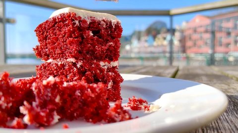 Red velvet cake being cut with a fork. The cake has white icing on top. The cake looks delicious and tasty. It is on a plate, on a pier. It's a sunny Summer day. Video is in slow motion.