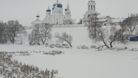 Winter drone footage of Holy Bogolubsky convent in Bogolubovo. Sights of the Golden Ring of Russia