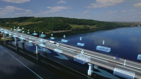 Logistics, delivery and transport of goods and parcels by means of transport, van and truck. Aerial view on bridge highway road with cars and infographic, motion graphic.