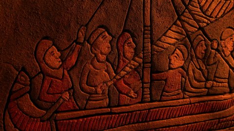 Fire Flickers On Artwork Of Medieval Ship Sailing