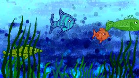 Drawn fish in a children's style wave-like swim against the backdrop of the blue sea and algae. Looping animation with funny animals.