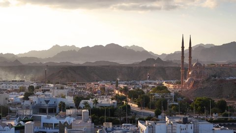 EGYPT, SINAI, SHARM EL SHEIKH, DECEMBER 7, 2019: Panorama view of El Sahaba Mosque in old market in Sharm El Sheikh city in Egypt