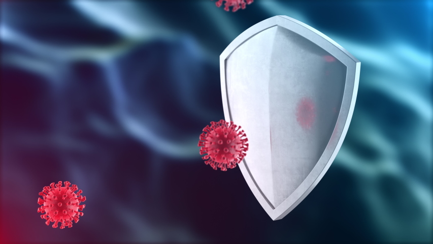 Security shield as virus protection concept. Coronavirus Sars-Cov-2 safety barrier. Shiny steel shield protecting against virus cells, source of covid-19 disease. Defense against bacteria 3D rendering Royalty-Free Stock Footage #1050975112