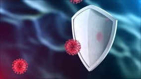 Security shield as virus protection concept. Coronavirus Sars-Cov-2 safety barrier. Shiny steel shield protecting against virus cells, source of covid-19 disease. Defense against bacteria 3D rendering - Powered by Shutterstock - Get 15% off with code: PIKWIZARD15