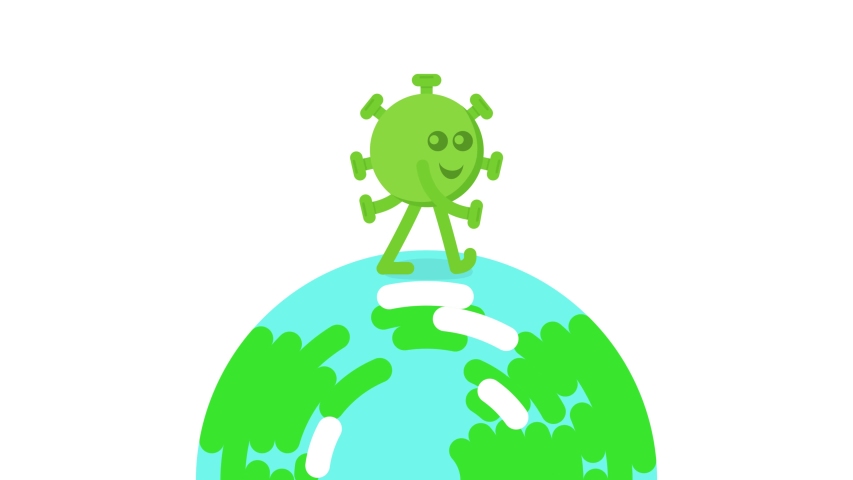 A funny cartoon coronavirus is walking on the planet. Animated video. Virus. Pathogen respiratory. Covid 19. Creative concept.