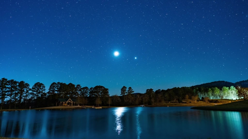 Venus and the moon with twinkling moving stars.