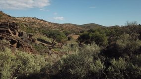 4K aerial drone summer day video of African savanna, Stengel water dam surrounded by bushy hills, Daan Viljoen National Reserve, Khomas Hochland area near Windhoek, Namibia's capital, southern Africa