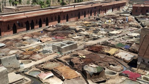 leather drying at one of the ancient tanneries in marrakesh, morroco