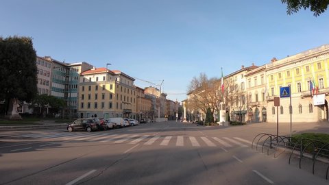 Bergamo, Italy. April 22, 2020. One of the most affected city by Covid 19 in Italy. Vehicle point of view. Camera on car roof. Driving through the streets of the city center. Very few people and cars
