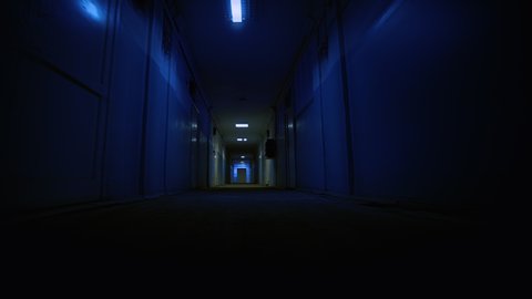 Hospital or Laboratory Corridor Point of View of Walking Down Ominous Scary Corridor Horror Thriller Scene