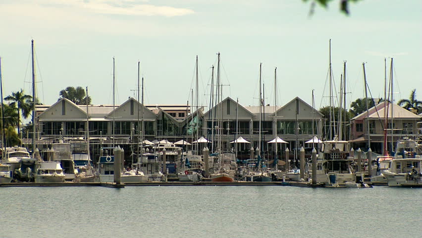 Close up of Cullen Bay Marina in Darwin looking toward the moorings, boats, yachts, shops and restaurants