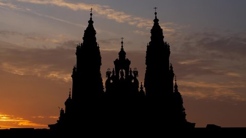 Cathedral of Santiago de Compostela: Time Lapse at Sunrise with Colorful Clouds, Famous for the Catholic Pilgrimage Route, Spain