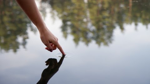 Gentle female hand touch serene and calm water surface of quiet lake. Peaceful and mindful connection with nature. Finger touch clean water in forest lake. Pure yoga or meditation inspiration