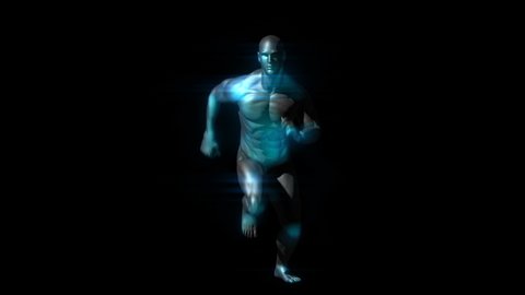 Minimalist back futuristic seamless animation of a muscular man running isolated with alpha channel. Dark glossy elegant background of humanoid or artificial intelligence concept with neon flares.