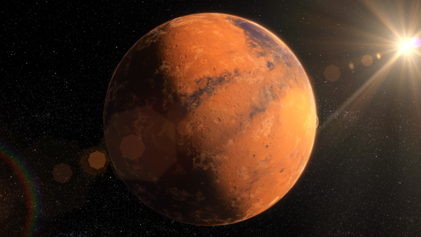 Zoom in from the planet Mars to the human base located in the martian crater. 4k 3d animation
