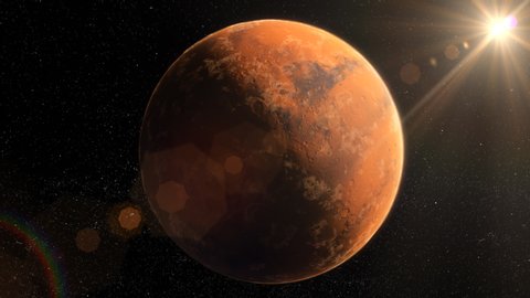 Sunrise at the Martian base and zoom out to Mars planet view. 4K 3d animation.