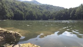 Landscape of mountain lake in hot summer day. The focus is deliberately on the rock in the foreground on the left and not on the rest of the clip for artistic choice