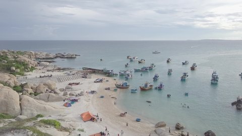 Aerial view Cu Lao Cau Island, Binh Thuan Province/VietNam, May 25 2017. Blue sea, white sand and fishermen