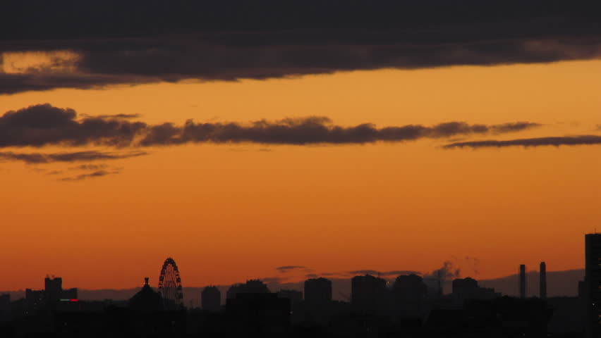 Sunset cityscape with building silhouette in Moscow, time lapse  
