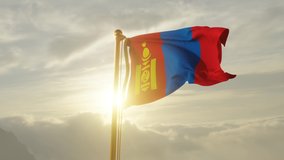 Flag of Mongolia Waving in the wind, Sky and Sun Background, Slow Motion, Realistic Animation, 4K UHD 60 FPS Slow-Motion
