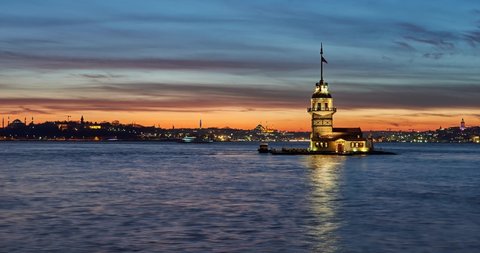 Beautiful sunset  evening at Bosphorus, Istanbul, Turkey. Timelapse clip with Maiden Tower, boats and landmarks of Istanbul 