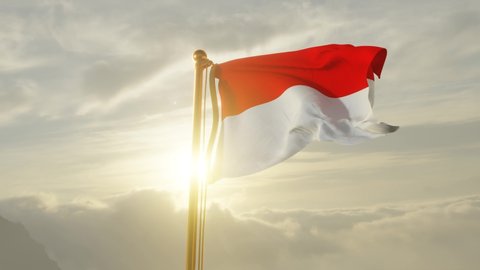Flag of Indonesia Waving in the wind, Sky and Sun Background, Slow Motion, Realistic Animation, 4K UHD 60 FPS Slow-Motion