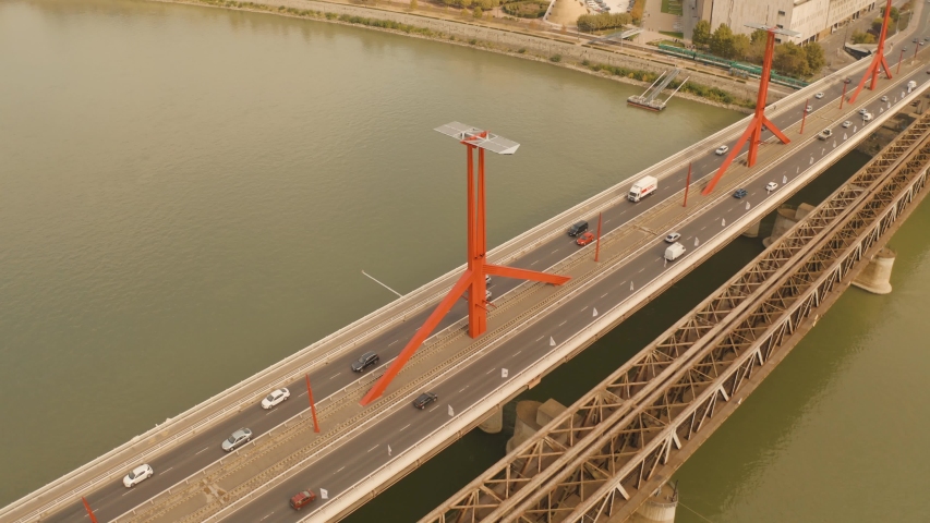 BUDAPEST, HUNGARY - 09.21.2019: Aerial 4K wide angle drone footage of the Rákóczi Bridge, Budapest during daytime. | Shutterstock HD Video #1051031884