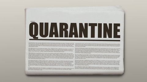 Quarantine written newspaper animation on a gray background. Newspaper object is spinning and stopping after.