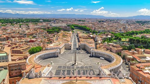 Nobody empty of Rome Vatican Italy time lapse 4K due to Coronavirus Covid-19 lockdown, high angle view city skyline timelapse at St. Peter's Square