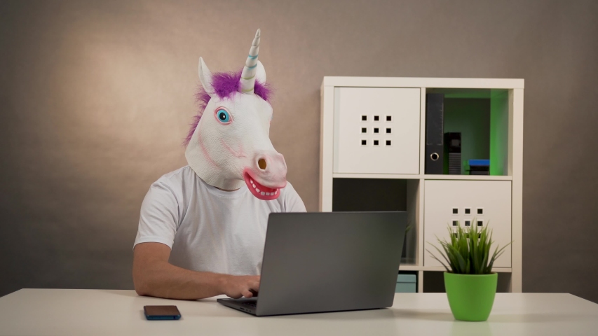 the man in the unicorn mask working on laptop and answering a phone call funny shaking his head Royalty-Free Stock Footage #1051050130