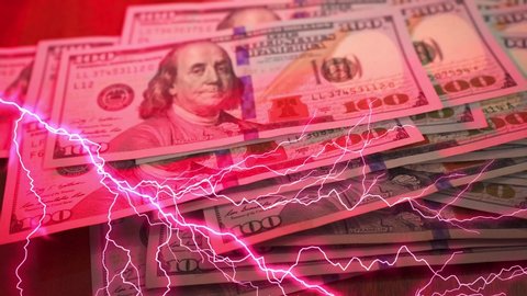 Stock market. Lightning strike. Storm, thunderstorm. Red light, danger. Coronavirus. Concept of financial stagnation, recession, crisis, business crash and economic collapse. Banknotes of 100 dollars.