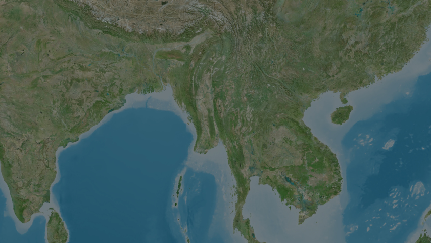 Yangon, division with its capital, zoomed and extruded on the satellite map of Myanmar in the conformal Stereographic projection