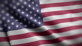 Waving flags of United States of America USA close-up. Digital render. Realistic animation. Loop video. Full HD