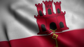 Waving flags of Gibraltar close-up. Digital render. Realistic animation. Loop video. Full HD