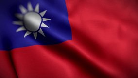 Waving flags of Republic of China close-up. Digital render. Realistic animation. Loop video. Full HD