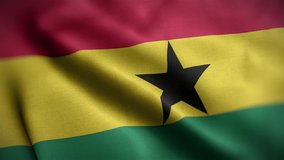 Waving flags of Ghana close-up. Digital render. Realistic animation. Loop video. Full HD
