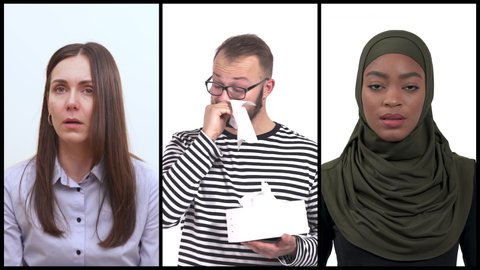 Group of multiethnic people over white background feeling unwell and coughing as symptom for cold or bronchitis. Healthcare concept. Collage