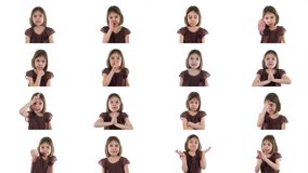 Collage of video footages, concept of gestures and various emotions. Charming girl, a blonde child shows and expresses emotions and gestures on a white background. Sign language and emotion concept.
