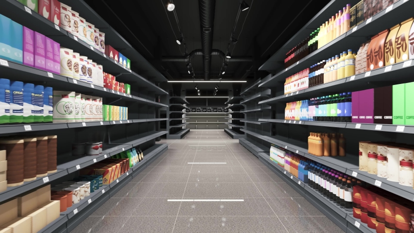 The supermarket is filled with groceries. Supermarket shelves 3d animation. Full Supermarket shelves. The camera moves forward along the grocery shelves in the supermarket.  | Shutterstock HD Video #1051081348