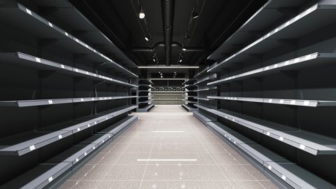 Empty shelves in the supermarket.
Supermarket aisle with empty shelves. Camera move along empty supermarket shelves
